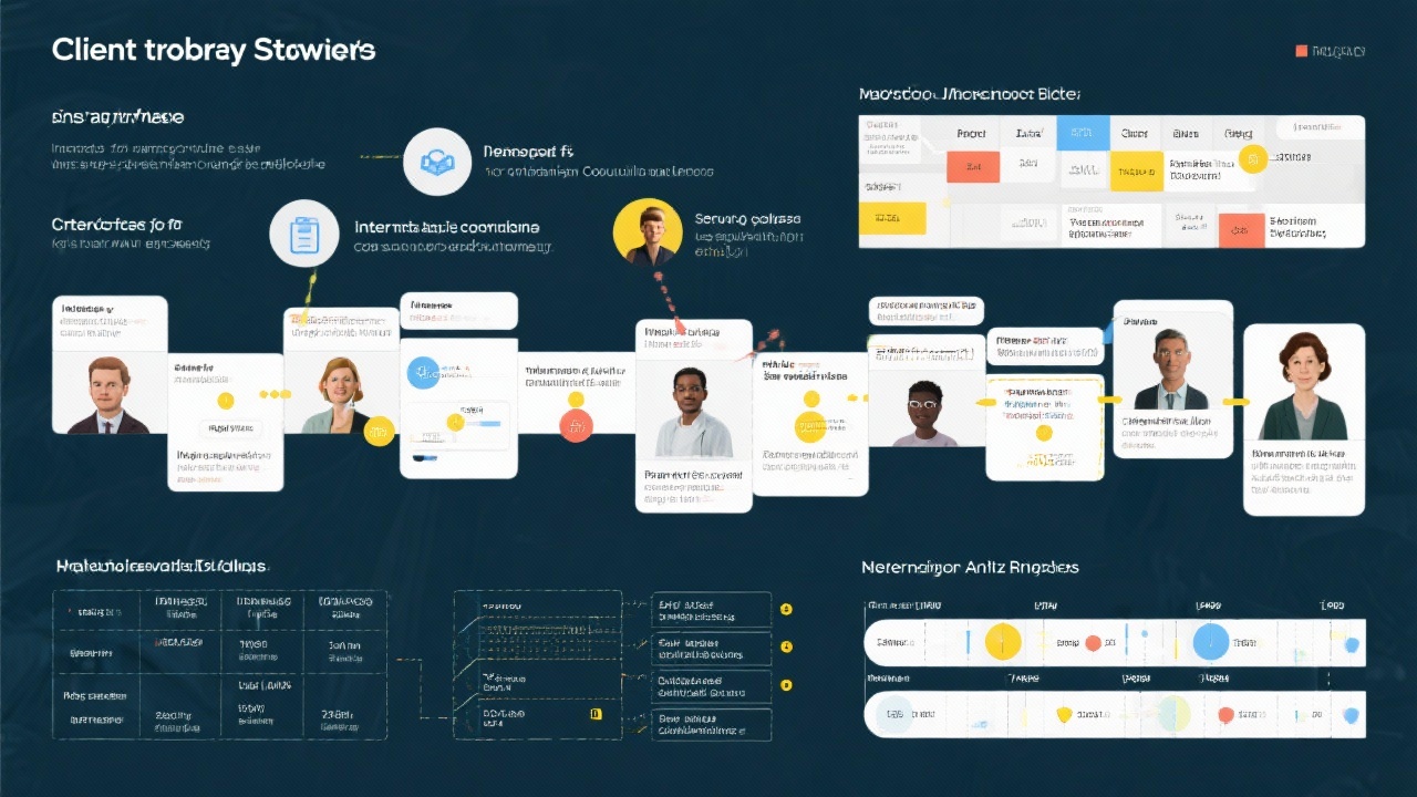 Client journey storyboard with personas, touchpoint matrices and service level milestones capturing the intake process for international trade consulting engagements in the Netherlands.