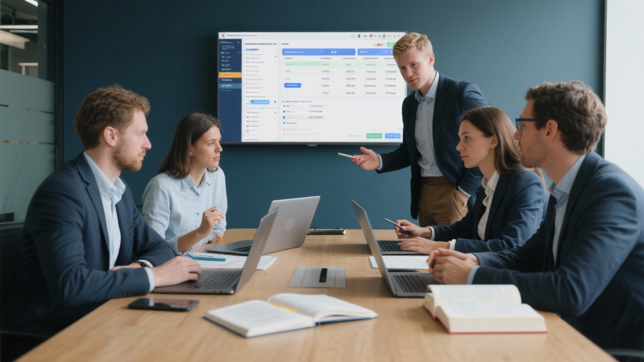 Multidisciplinary customs advisory team collaborating around a table with laptops, tariff books and workflow screens to design compliant import processes for Dutch manufacturing clients.