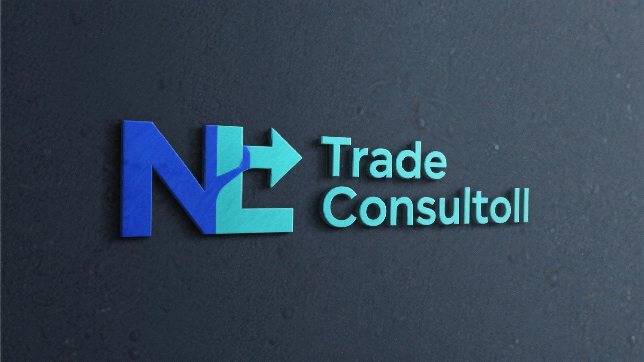Minimalist logotype with intertwined NL initials and directional trade arrow in Delft blue and teal for NL Trade Consult corporate identity.