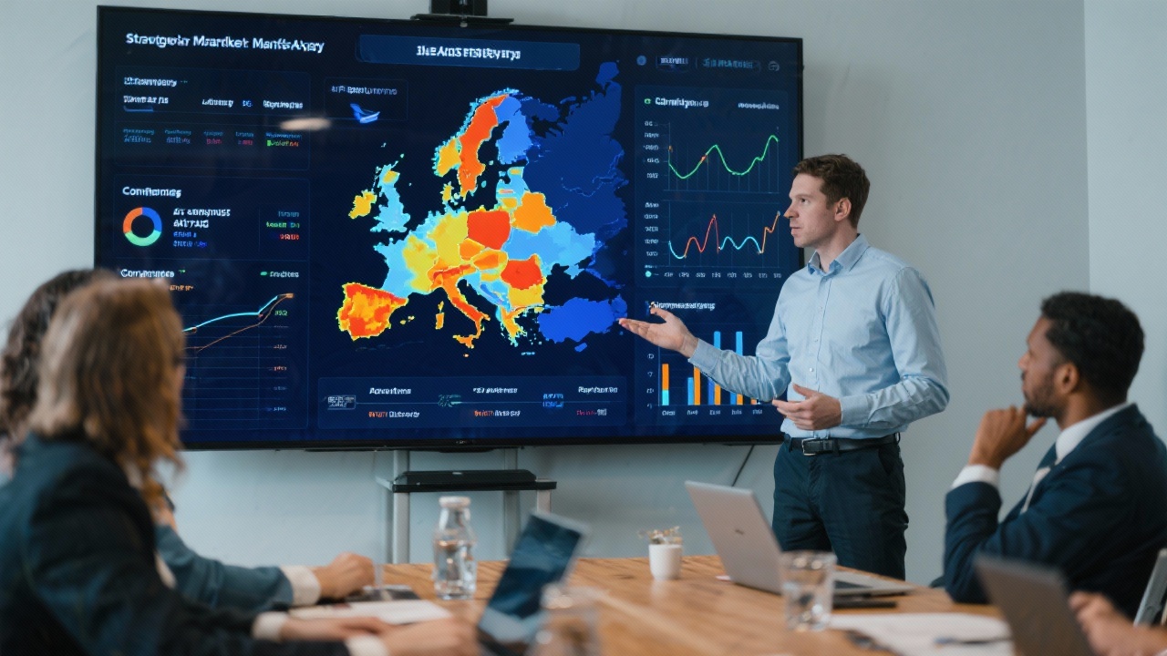Business analyst presenting European demand heatmap, competitor benchmarks and regulatory timelines on a large display during a strategic market analysis workshop in Amsterdam.