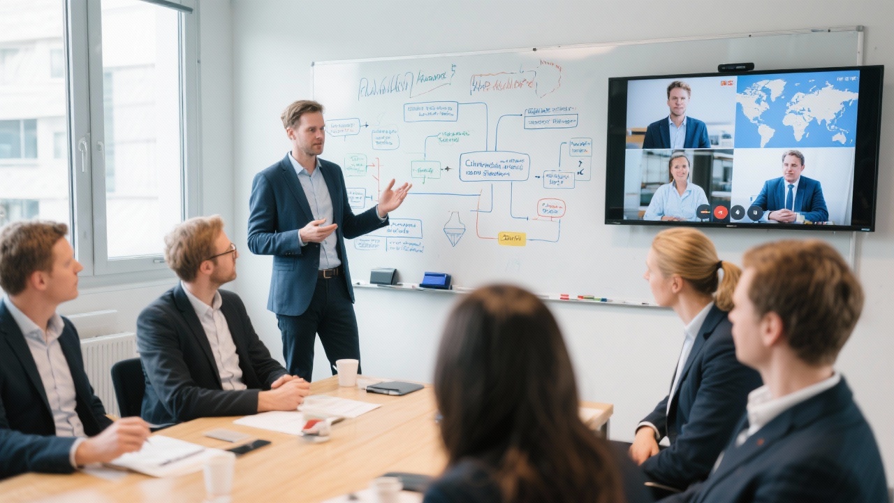 Consultant leading interactive workshop with Dutch SME managers, whiteboard filled with customs process maps and video conference screen connecting global partners.