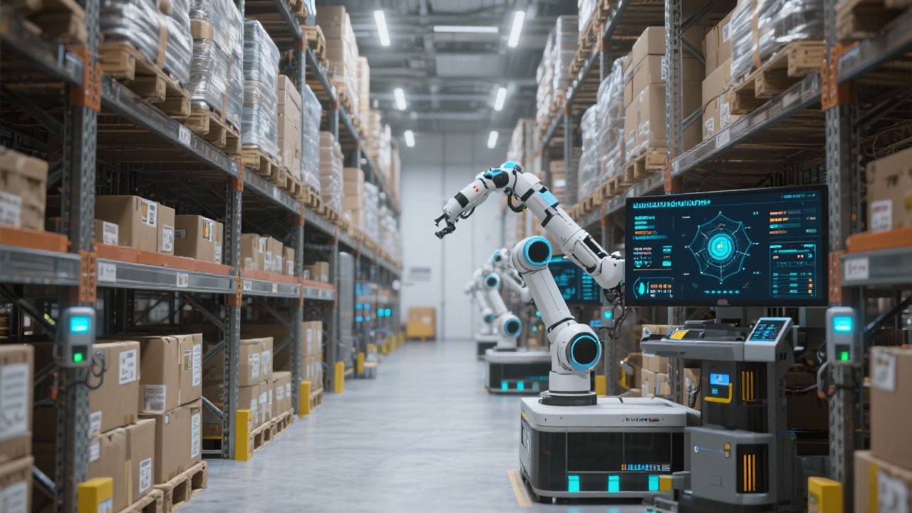 Smart warehouse aisle with sensors, collaborative robots and inventory dashboards orchestrating just-in-time fulfilment for European export programs supporting Dutch mid-market shippers seeking reliability.